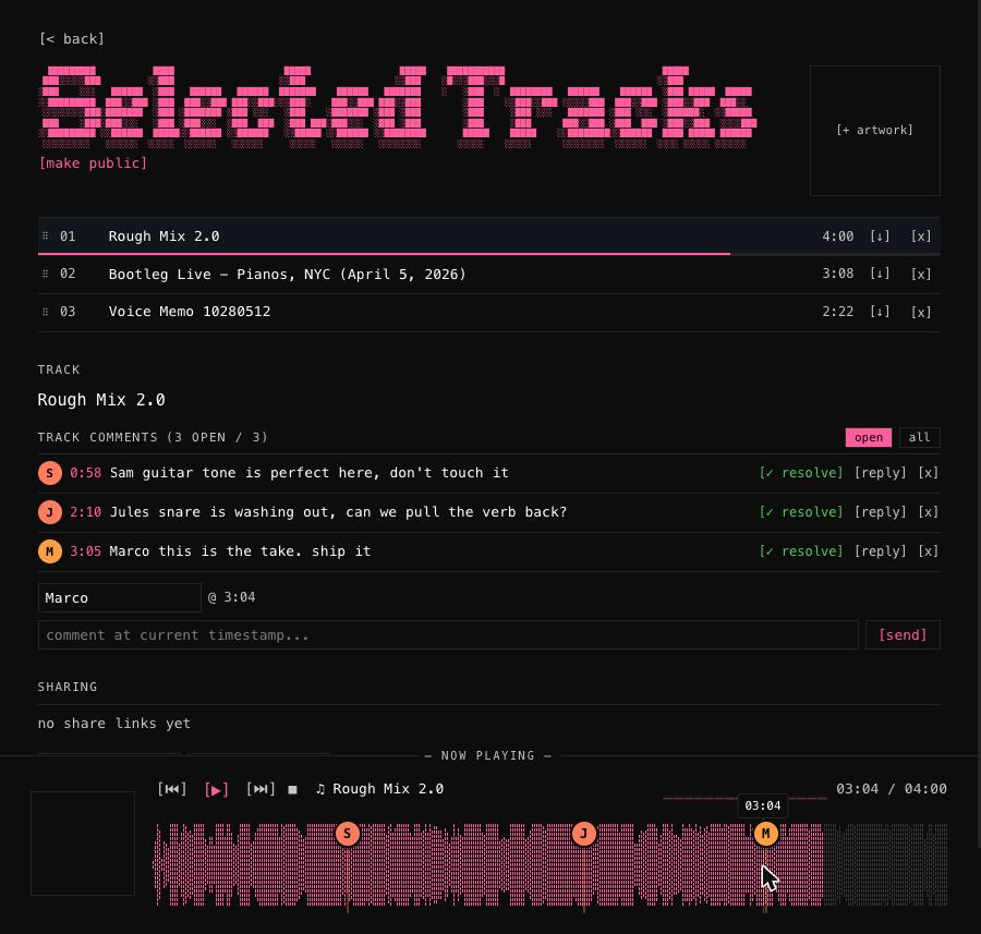 A track open in Demo Locker: three comments from Sam, Jules and Marco listed at 0:58, 2:10 and 3:05, each pinned to a marker on the waveform in the player below.